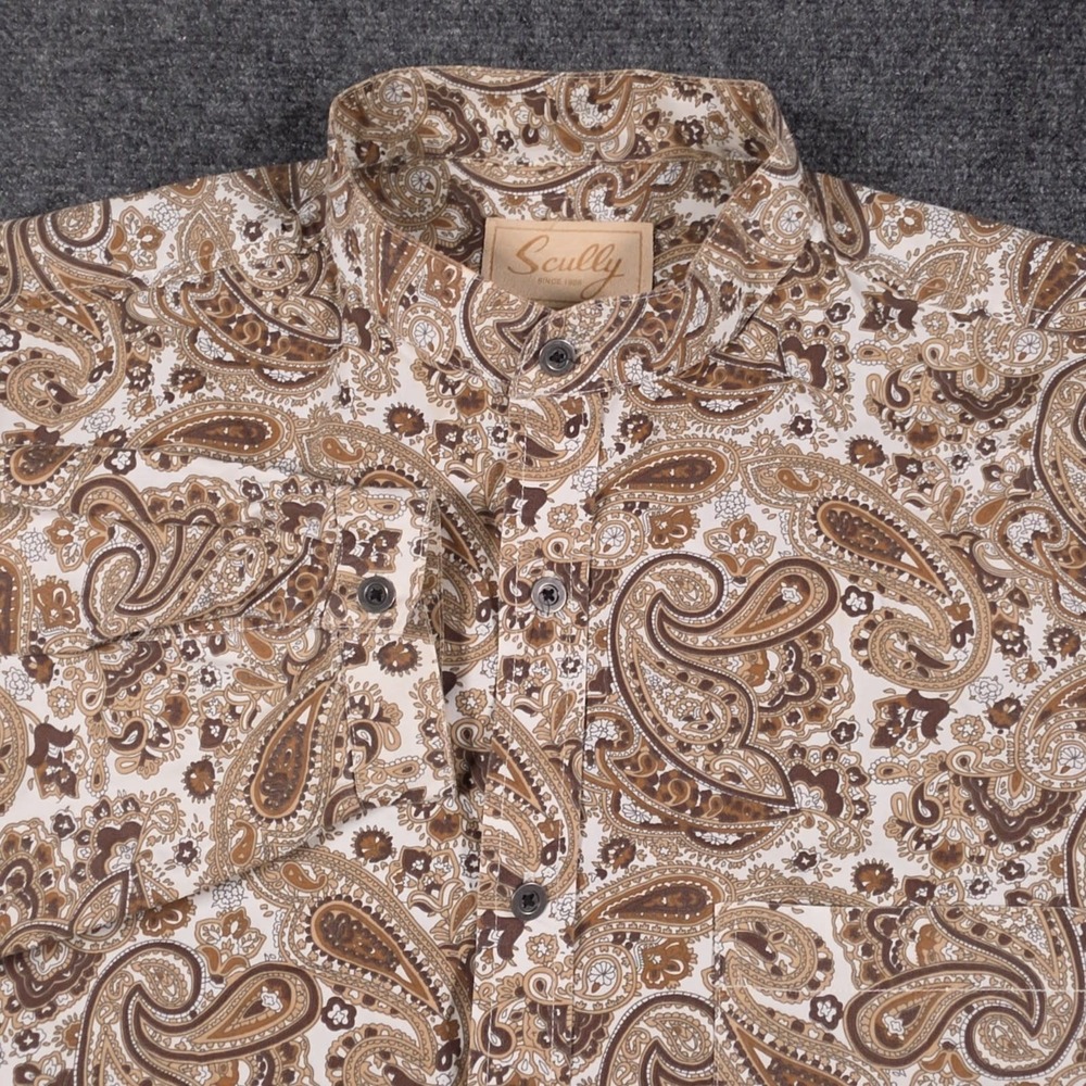 Scully Western Shirt Mens L Brown Paisley Band Collar Long Sleeve Button Up